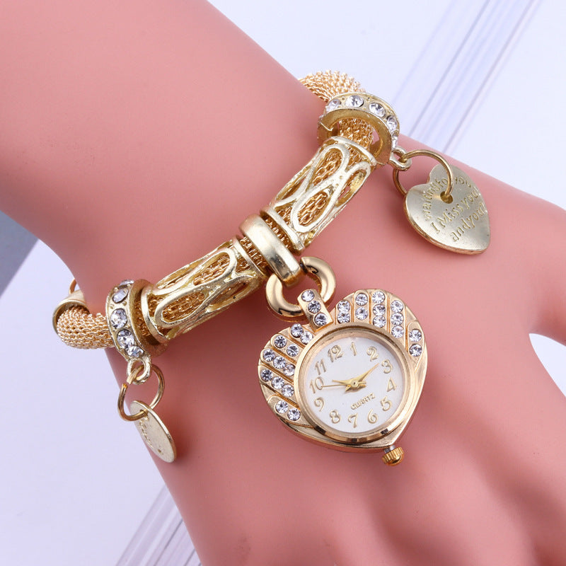Vintage Bedelarmband Horloge van Stalen Perzikhart en Strass-steentjes voor Dames
