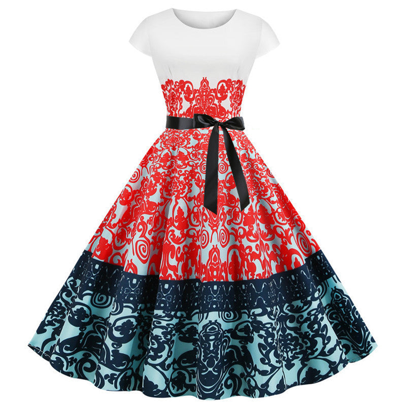 Hepburn Style Retro Bloemenprint Swingjurk met Ronde Hals en Korte Mouwen voor Dames & Plus-size