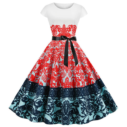 Hepburn Style Retro Bloemenprint Swingjurk met Ronde Hals en Korte Mouwen voor Dames & Plus-size