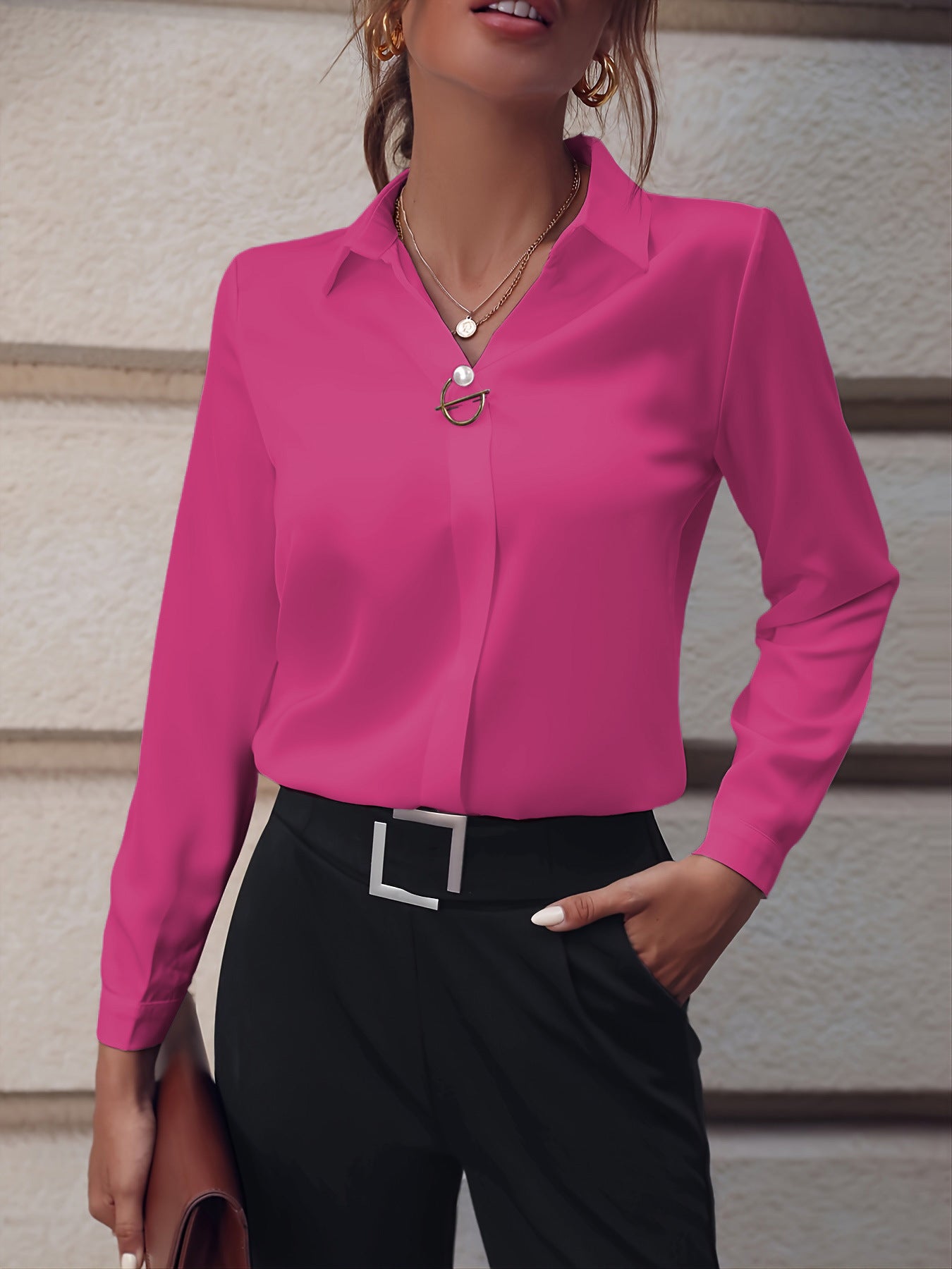 Elegante Forensen in Effen Kleur V-hals Shirt met Lange Mouwen en Knoopsluiting voor Dames/Plus-size & Meiden