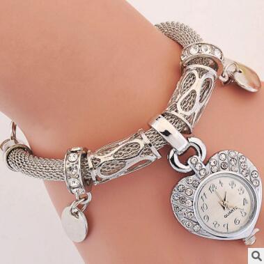 Vintage Bedelarmband Horloge van Stalen Perzikhart en Strass-steentjes voor Dames