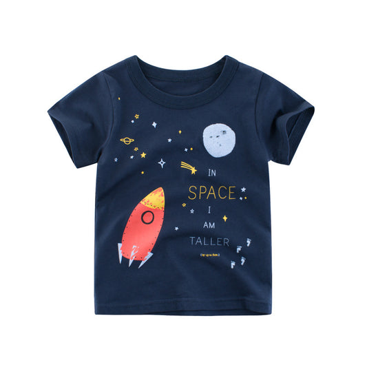 Trendy Casual  Ronde Hals T-shirt met Bedrukte Raketprint en Korte Mouwen voor Kinderen