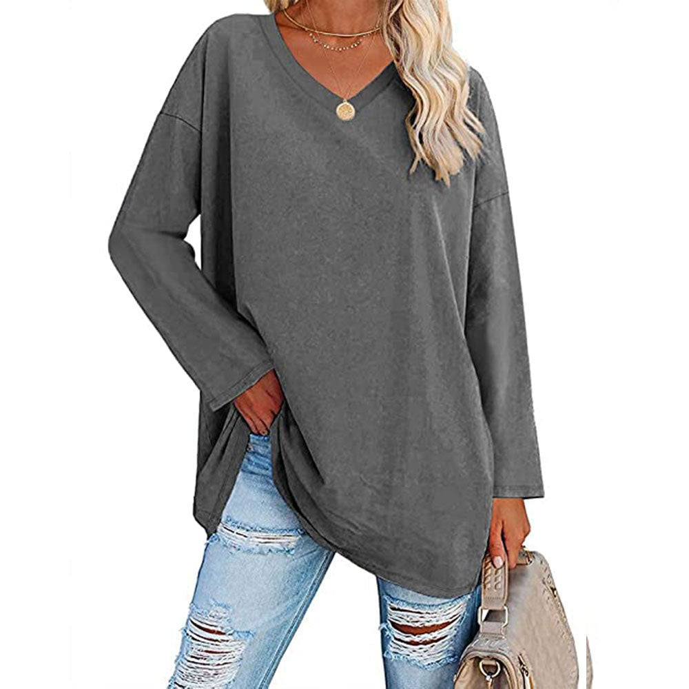 Casual V-hals Effen kleur Oversized Lange Mouw Shirt voor Dames & Plus-size