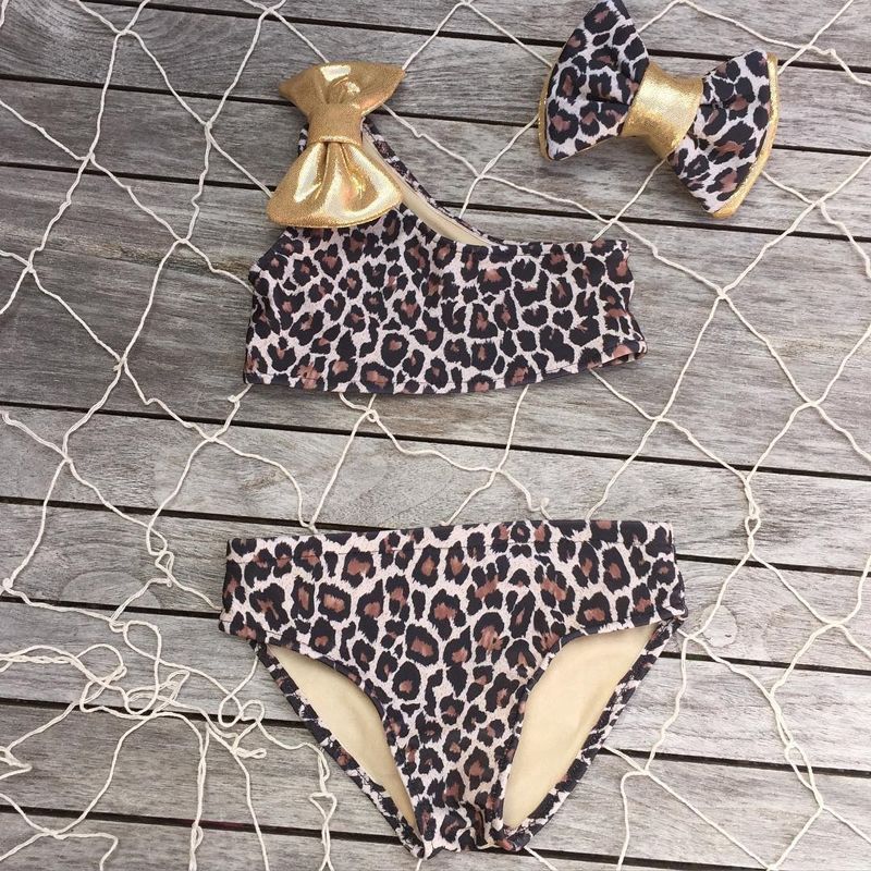 Kinderbadkleding voor Meisjes 3-delig Luipaardprint Bikiniset Top met één Schouder en Strik & Broek en Haarband met Strik