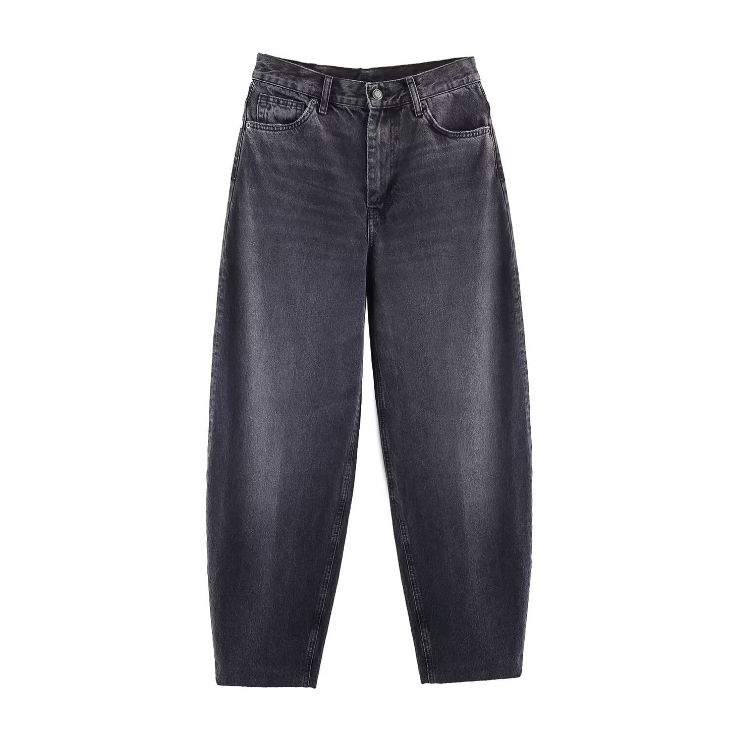 Eenvoudige Streetstyle Casual Effen Kleur Hoge Taille Bucket Shape Jeans met Smalle Rechte Pijpen en Knoopsluiting voor Unisex