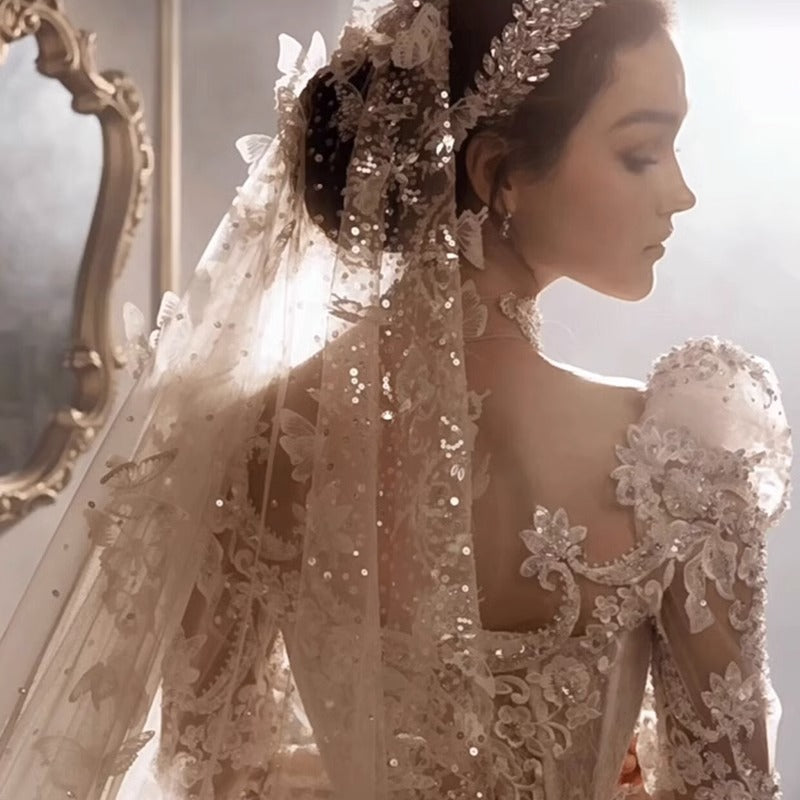 Europese Prinsessen Stijl Elegante Heavy Industry Royal Hoge Hals Pailletten Trouwjurk met Lange Sleep en Prinsessen Mouwen voor Dames  & Plus-size