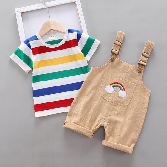 Trendy 2-delige Set Regenboog T-shirt met Korte Mouwen & Bibbroek voor Baby's/ Peuters