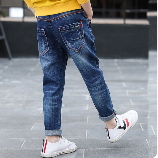 Europese Trendy Casual Ripped Washed Stretch Demin Jeans met Zakken voor Kinderen
