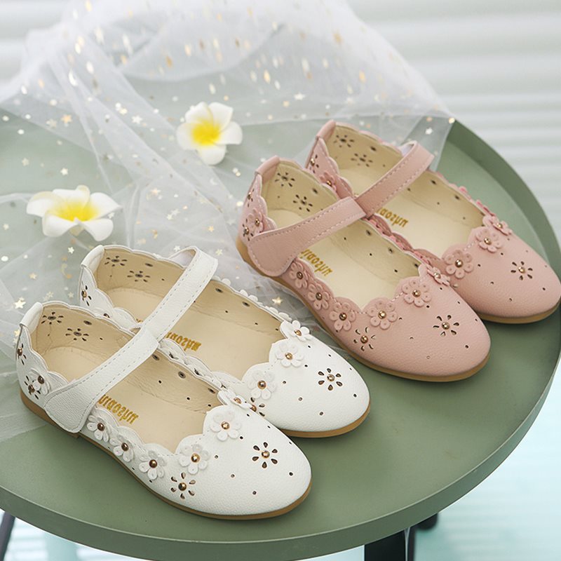 Elegante Platte Prinsessenschoenen van PU-Leer met Bloemendecoratie en Klittenband voor Meisjes