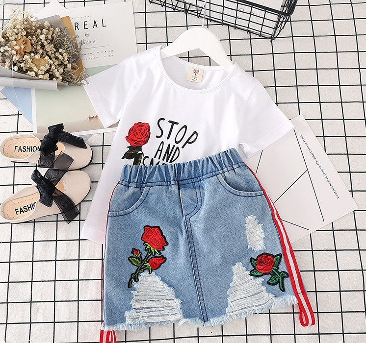 Meisjes-Outfit Twee-delig Wit T-shirt met Print & Denim Rok met Print