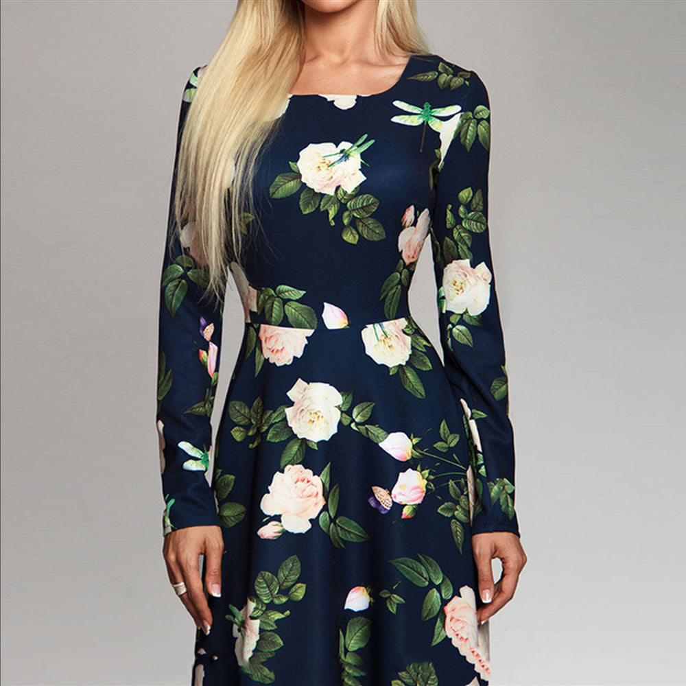 Vintage Afslankende Avondjurk met Bloemenprint en Lange Mouwen voor Dames & Plus-size