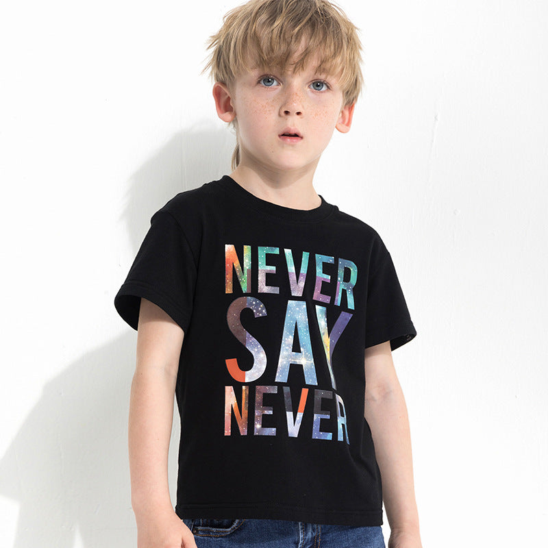 Amerikaanse Trendy Casual Bedrukte Kleurige Letterprint T-shirt met Ronde Hals en Korte Mouwen voor Kinderen
