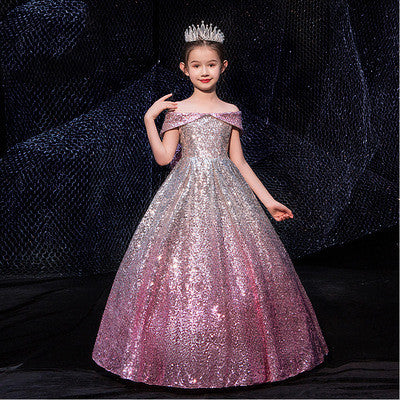 Elegante Sprankelende Pailletten Off-Shoulder Lange Galajurk met Strik voor Meisjes & Meiden