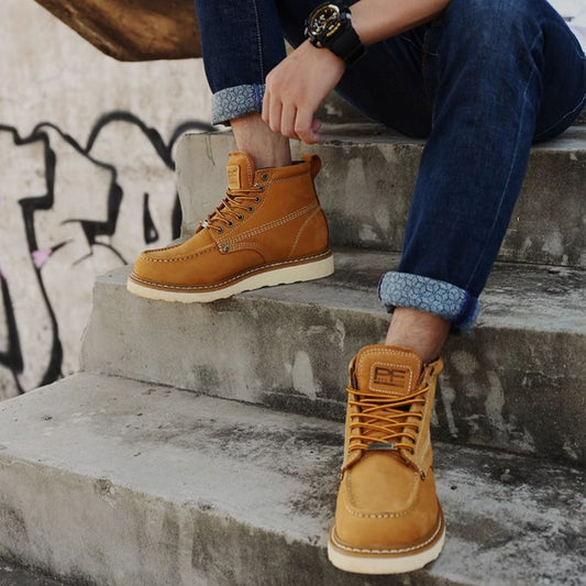 Amerikaanse Trendy Casual Retro Outdoor Comfortabele Effen Kleur Werkschoenen van Echt Leer met Ronde Neus en Vetersluiting voor Heren