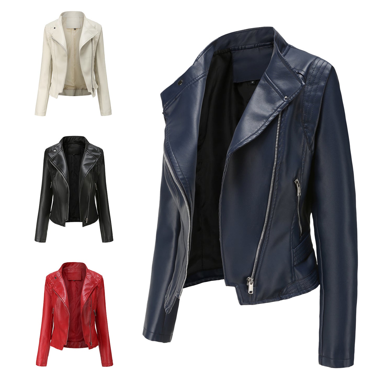 Casual Korte Slim-Fit Revers Motorjacket van PU-Leer met Ritssluiting voor Dames & Plus-size