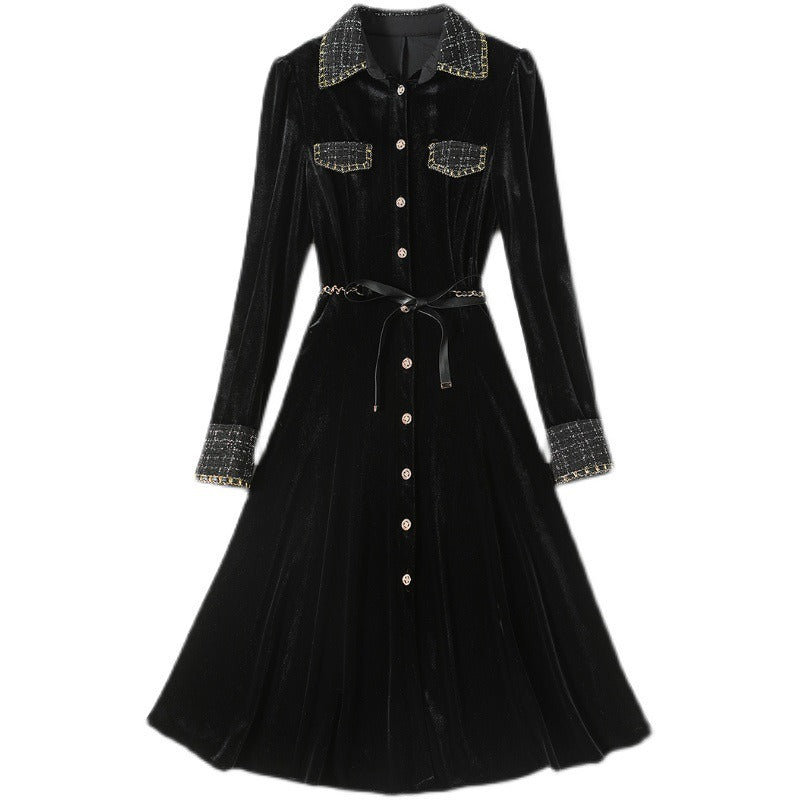 Franse Vintage Elegante Formeel/Feestjurk van Fluweel Opstaande Kraag en Plooien voor Dames & Plus-Size