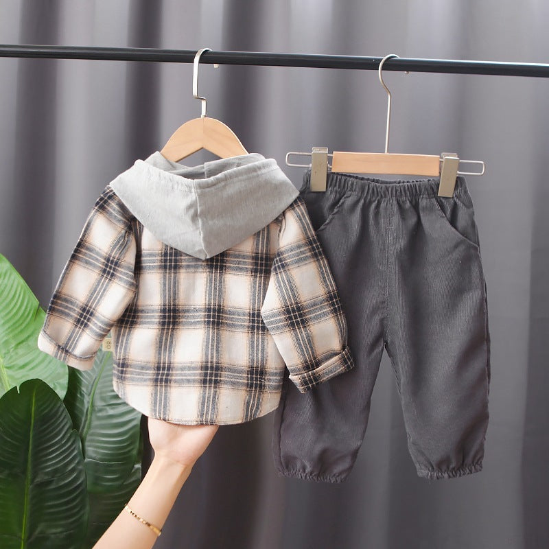 Tweedelig Set Geruite Overhemd met Capuchon en Lange Mouwen & Broek voor Peuters/ Kinderen