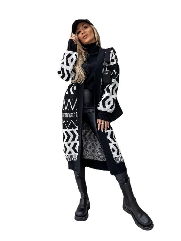 Europese en Amerikaanse Lange Cardigan Trui met Diamantpatroon voor Dames/ Plus-size & Meiden