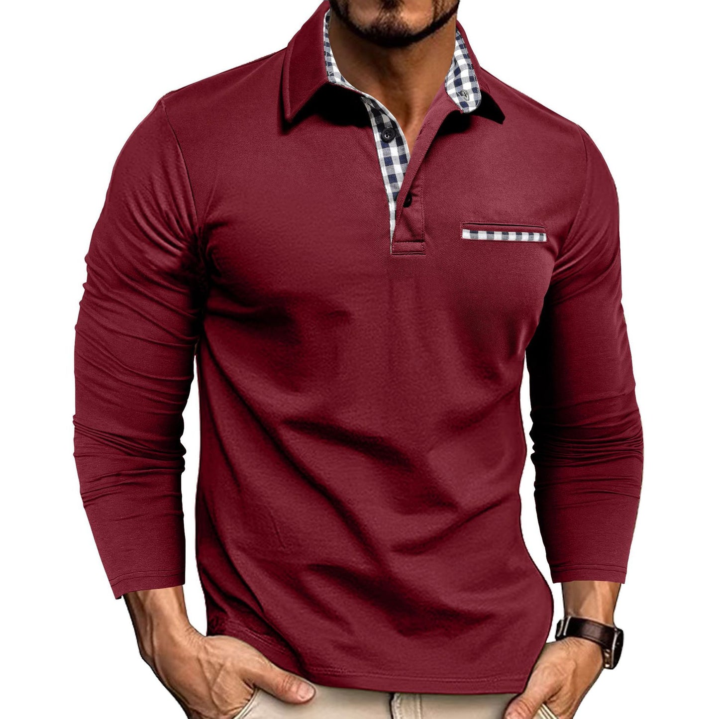 Stijlvolle Design Casual Geruite Splicing Revers Poloshirt in Effen Kleur Lange Mouwen voor Heren