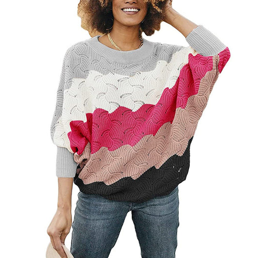 Europese en Amerikaanse Holle Gebreide Trui met Contasterende Kleur en Vleermuismouwen voor Dames & Meiden