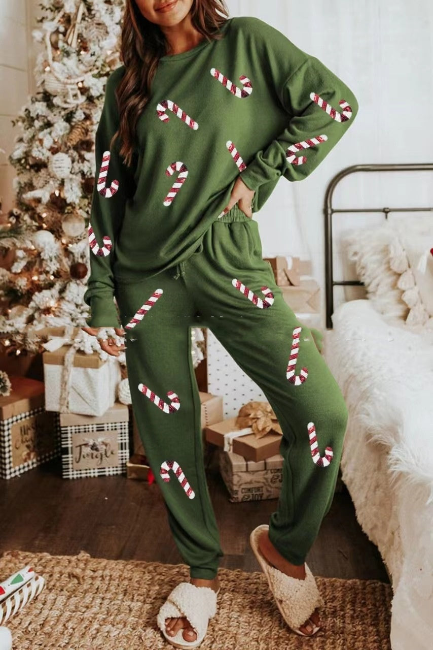Kerstmis Casual Modieuze Effen Kleur Kerst Huis/ Pyjama-outfit met Geborduurde Pailletten voor Dames & Plus-size