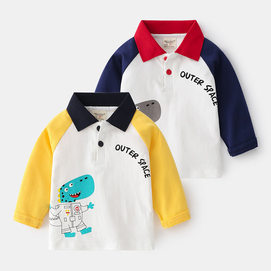 Modieuze Casual Katoenen Revers Poloshirt Bedrukte Cartoonprint met Knoopsluiting en Lange Mouwen voor Kinderen