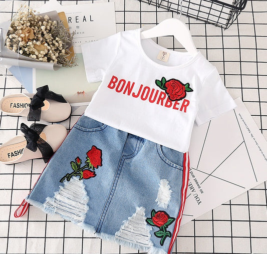 Meisjes-Outfit Twee-delig Wit T-shirt met Print & Denim Rok met Print