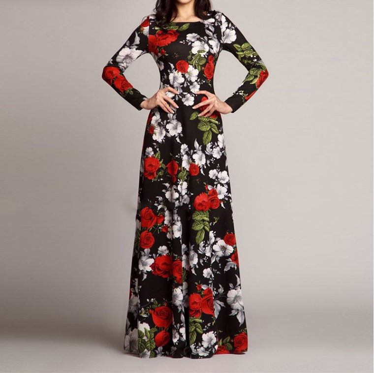 Europese Elegante Vintage Bloemenprint Maxi Jurk met Lange Mouwen voor Dames & Plus-size