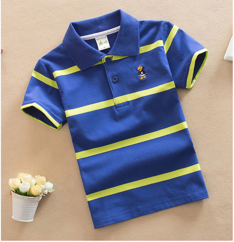 Casual Gestreepte Korte Mouw Poloshirt met Knoopsluiting en Geboduurde Cartoon voor Kinderen