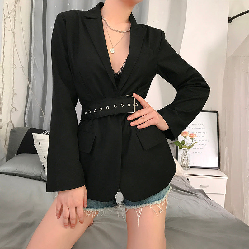 Lange Zwarte Blazer-jas met V-hals en Sjerp voor Dames