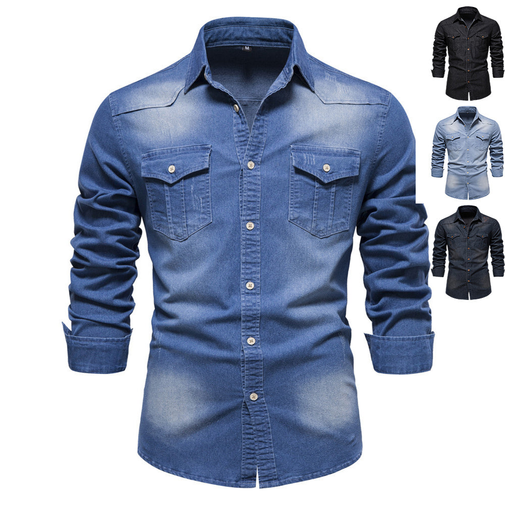 Stijlvolle Designer Casual Slim-Fit Spijker-Overhemd in Effen Kleur met Lange Mouwen en Zakken voor Heren