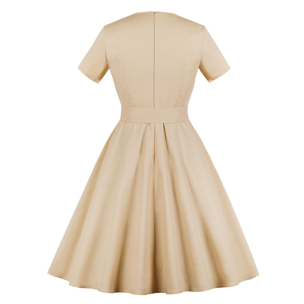 Hepburn Style Vintage Effen Kleur Jurk met Korte Mouwen en Rode Riem voor Dames & Plus-size