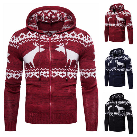 Kerstmis Casual Effen Kleur Gebreide Kersttrui met Ritssluiting en Capuchon in Fawn-Stijl voor Heren