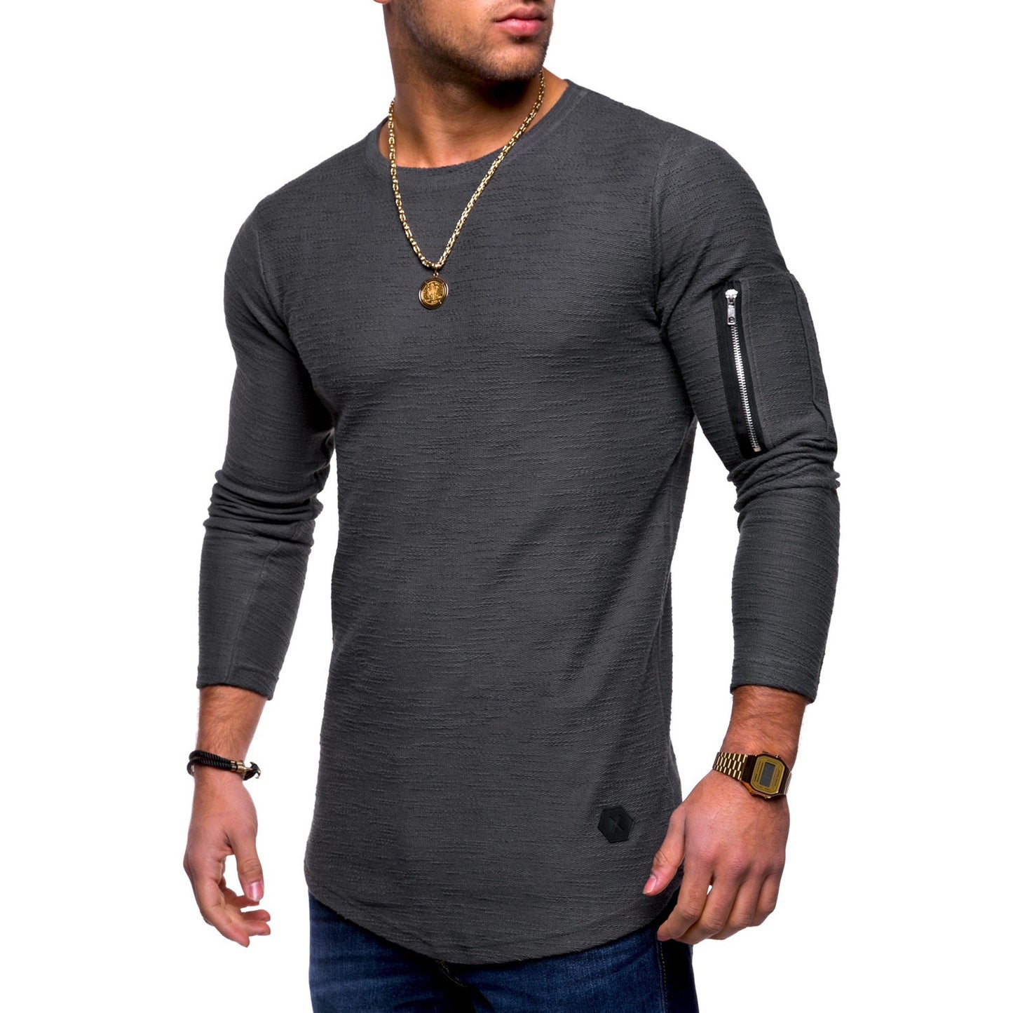 Amerikaanse Casual Effen Kleur Slim-Fit Longsleeve T-shirt met Ronde Hals en Ritsvak voor Heren