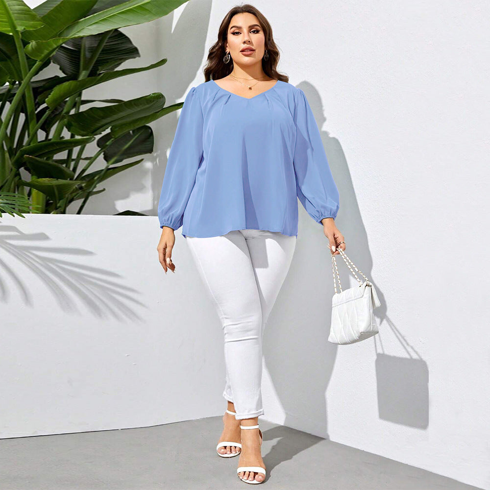 Amerikaanse Elegante Casual Effen Kleur Oversized V-hals Shirt met Lange Mouwen voor Plus-size