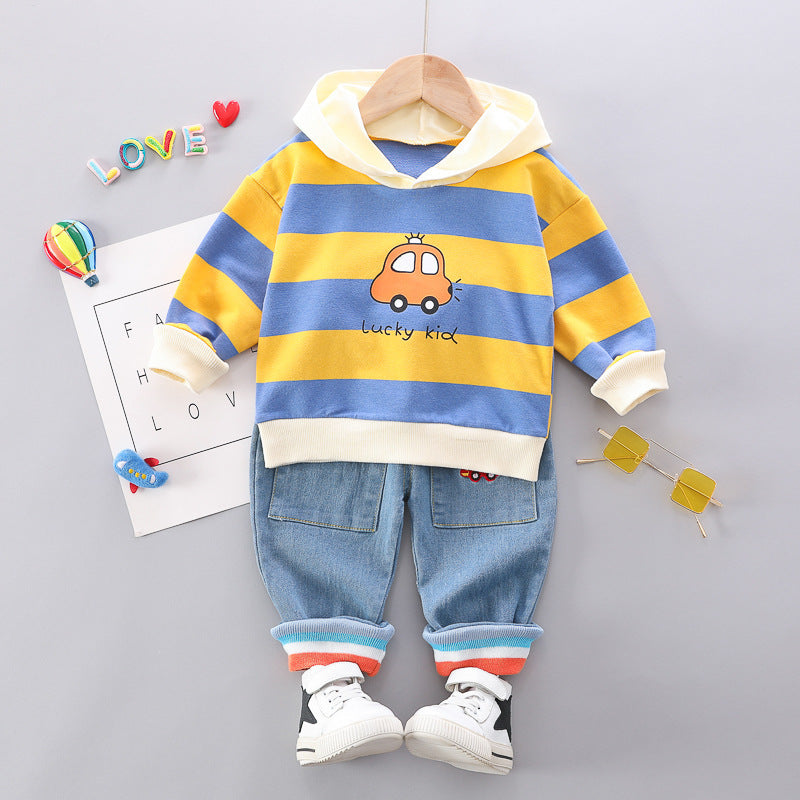 Kindermode 2-delig Outfit Gestreepte Hoodie met Autoprint & Jeans voor Baby's/ Peuters