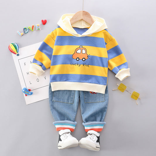 Kindermode 2-delig Outfit Gestreepte Hoodie met Autoprint & Jeans voor Baby's/ Peuters