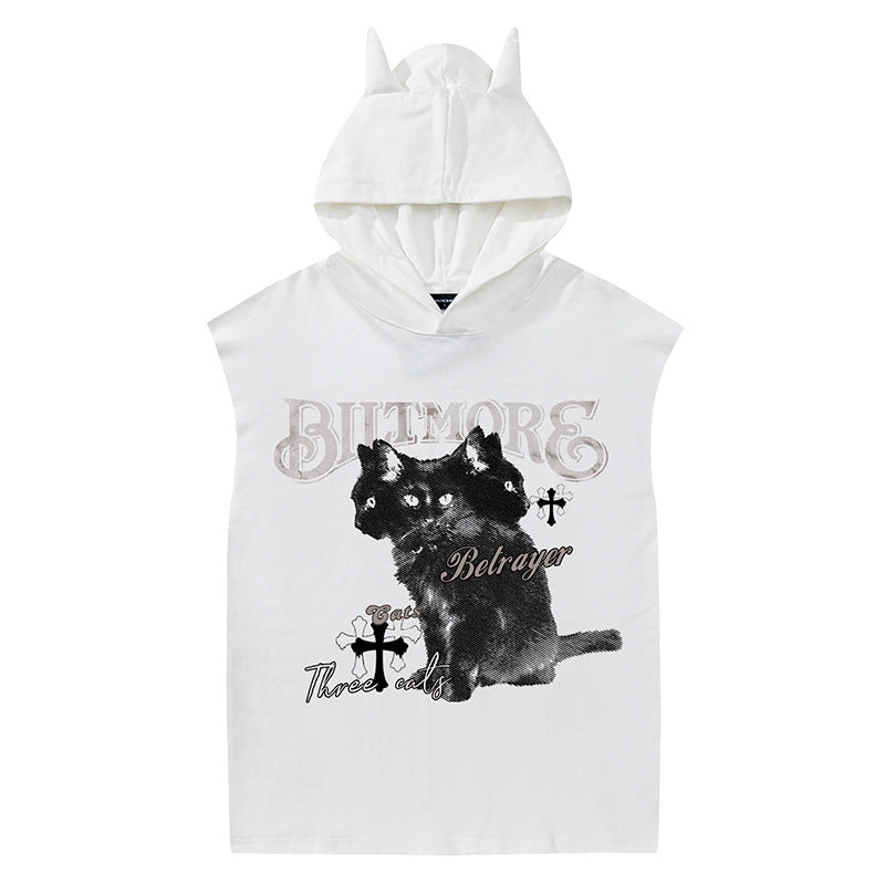 Klassieke Stijlvolle Effen Kleur Mouwloze Vintage Grafische Bedrukte Tanktop met Capuchon en Duivelshoorntjes voor Heren