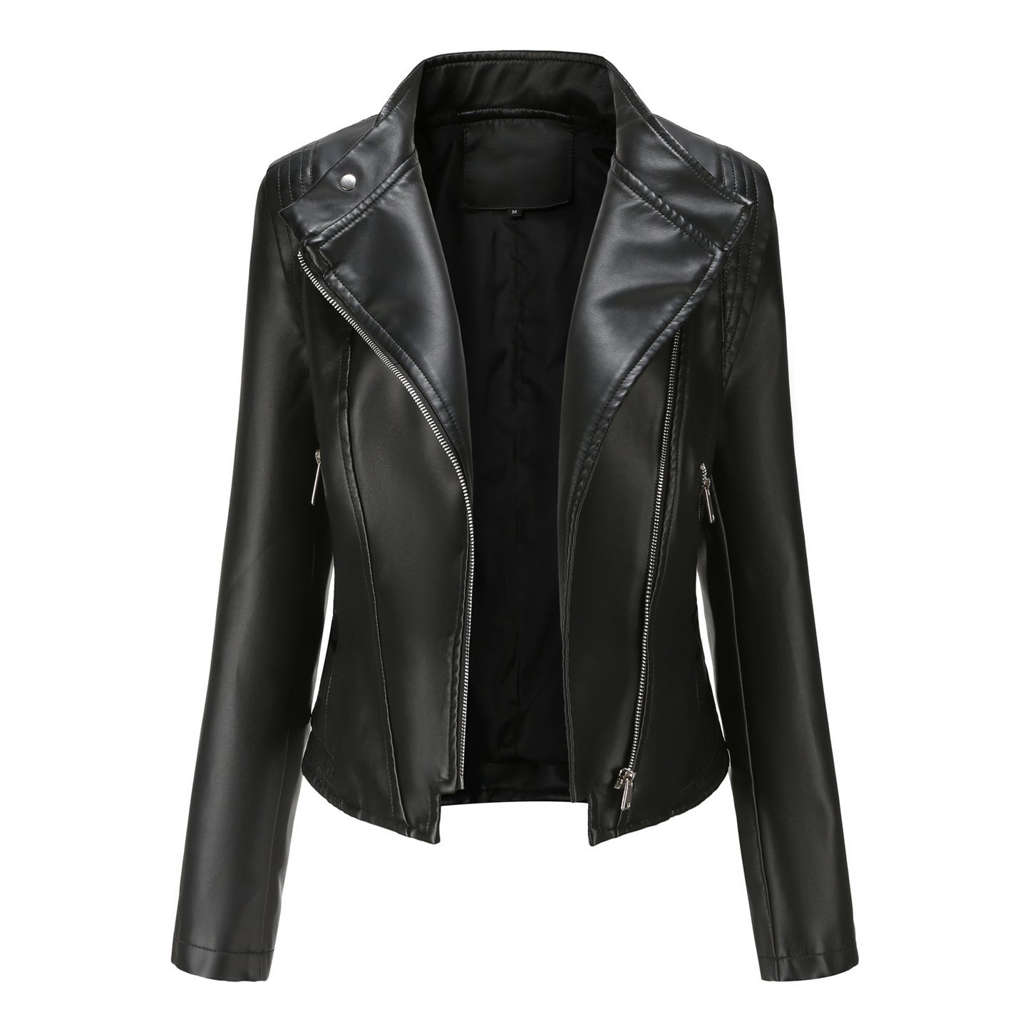 Casual Korte Slim-Fit Revers Motorjacket van PU-Leer met Ritssluiting voor Dames & Plus-size