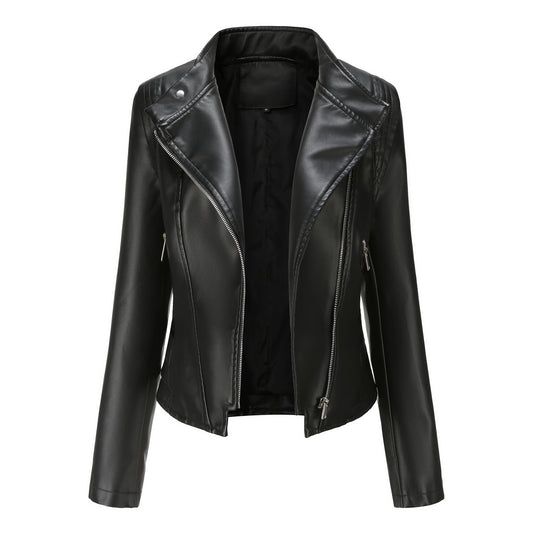Casual Korte Slim-Fit Revers Motorjacket van PU-Leer met Ritssluiting voor Dames & Plus-size