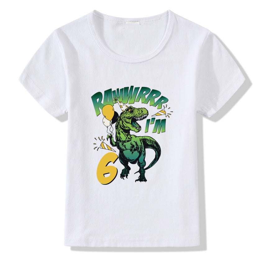 Casual Bedrukte Dino-ontwerp Verjaardag T-shirt van Cijfers 1-9 jaar met Ronde Hals en Korte Mouwen voor Kinderen
