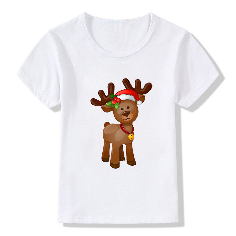 Amerikaanse Kerstmis Casual Bedrukte Schattige Cartoon Kerst T-shirt met Ronde Hals en Korte Mouwen voor Kinderen