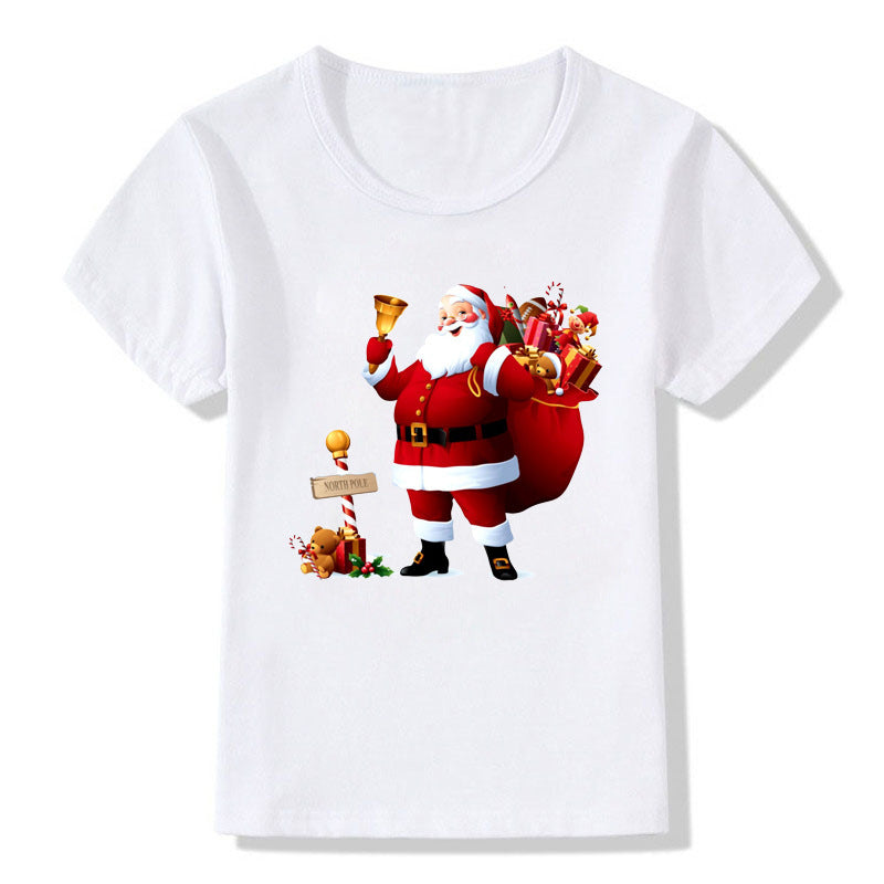 Amerikaanse Kerstmis Casual Bedrukte Schattige Cartoon Kerst T-shirt met Ronde Hals en Korte Mouwen voor Kinderen
