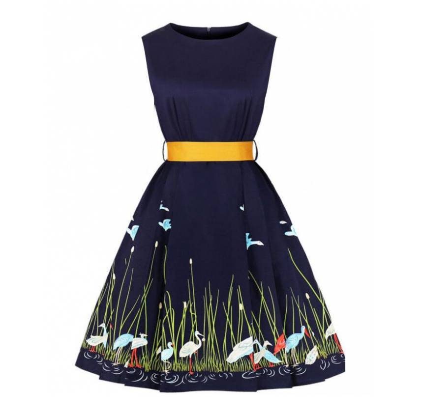 Hepburn Style Franse Vintage Vogelprint Jurk met Ronde Hals en Gele Riem voor Dames & Plus-size