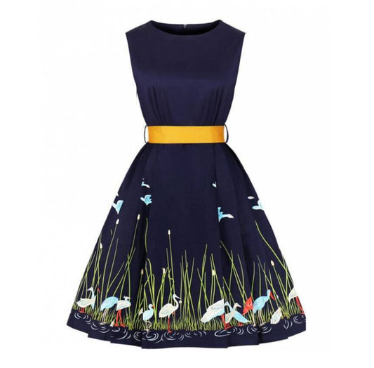 Hepburn Style Franse Vintage Vogelprint Jurk met Ronde Hals en Gele Riem voor Dames & Plus-size