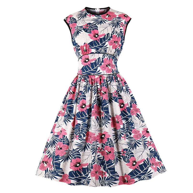 Hepburn Style Casual Vintage Bloemenprint Swingjurk met Ronde Hals voor dames & Plus-size