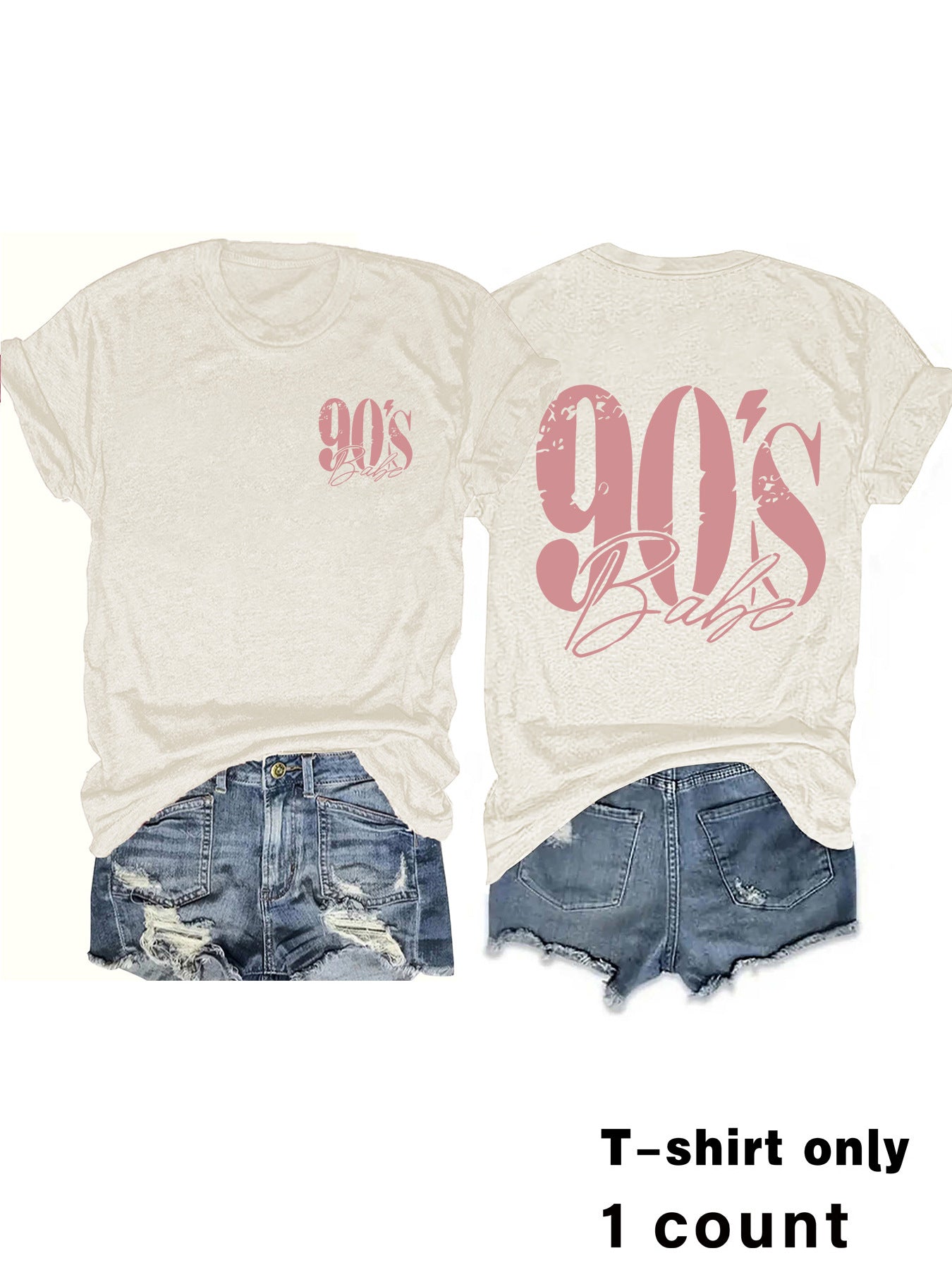 Eenvoudige Stijlvolle Effen Kleur Casual Ronde Hals T-shirt met Bedrukte Jaren 90 Print en Korte Mouwen voor Dames/Meiden & Plus-Size