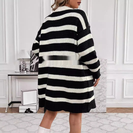 Casual Losse Gestreepte Trui-cardigan met Knopen in Europese en Amerikaanse Stijl  voor Dames & Meiden