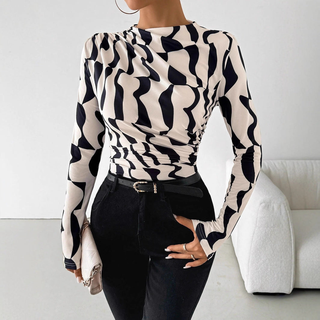 Amerikaanse Casual Elegante Slim-Fit Afslankende Geometrisch Bedrukte Lange Mouw Top met Kleine Staande Kraag en Geplooide Rand voor Dames & Plus-size
