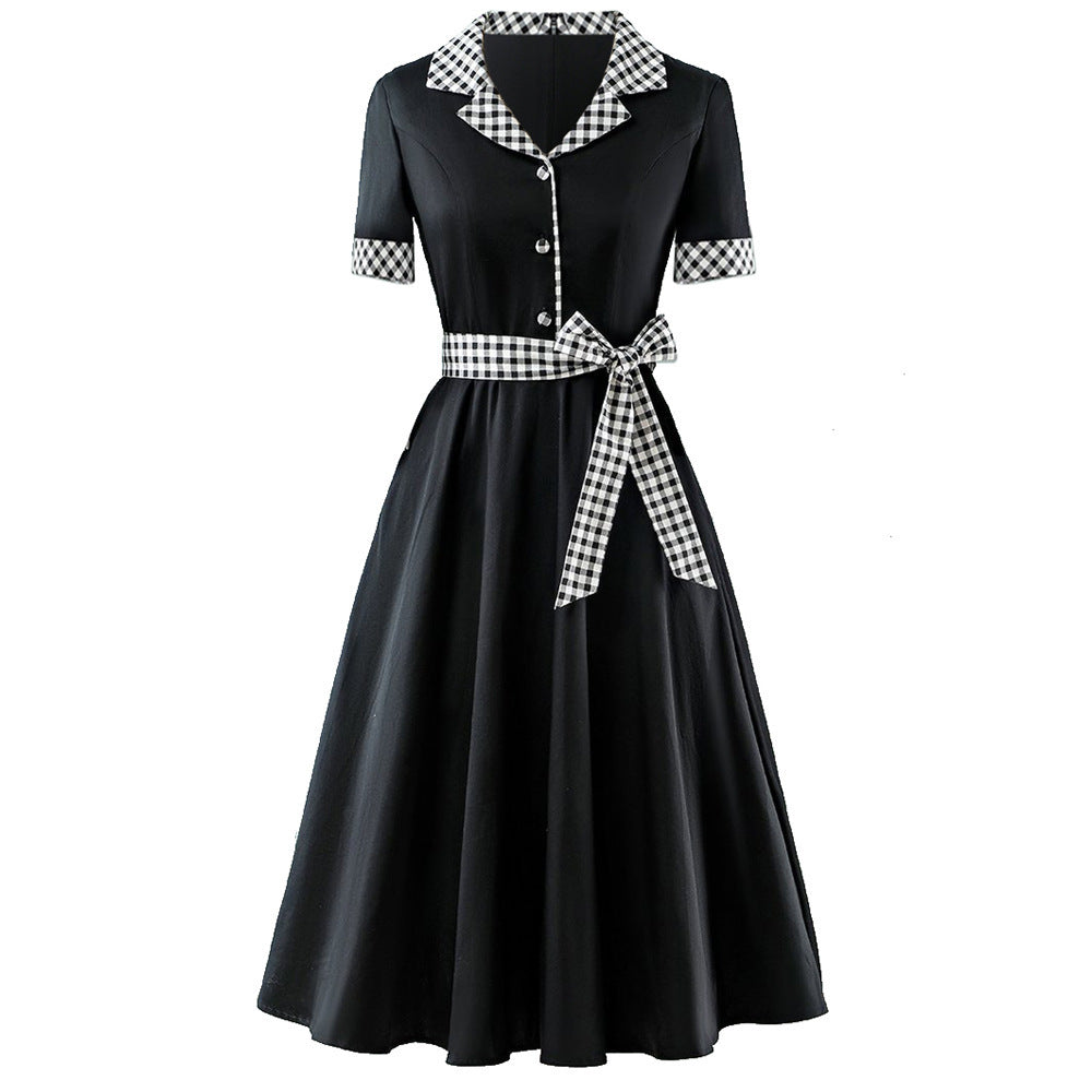 Hepburn Style Britse Retro Geruite Jurk met Polokraag en Korte Mouwen voor Dames & Plus-size